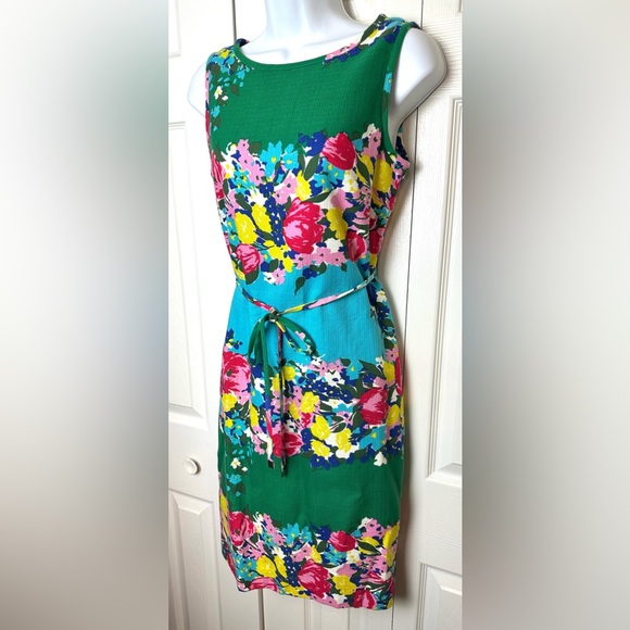 TALBOTS Springtime Garden Party Shift Sheath Dress Floral Vibrant Belted Green - Picture 3 of 14